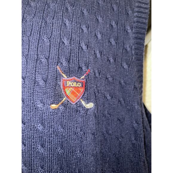 Polo Ralph Lauren Vneck Mens Large Golf Vest Cable Knit Blue Crest USA Made - Picture 2 of 6